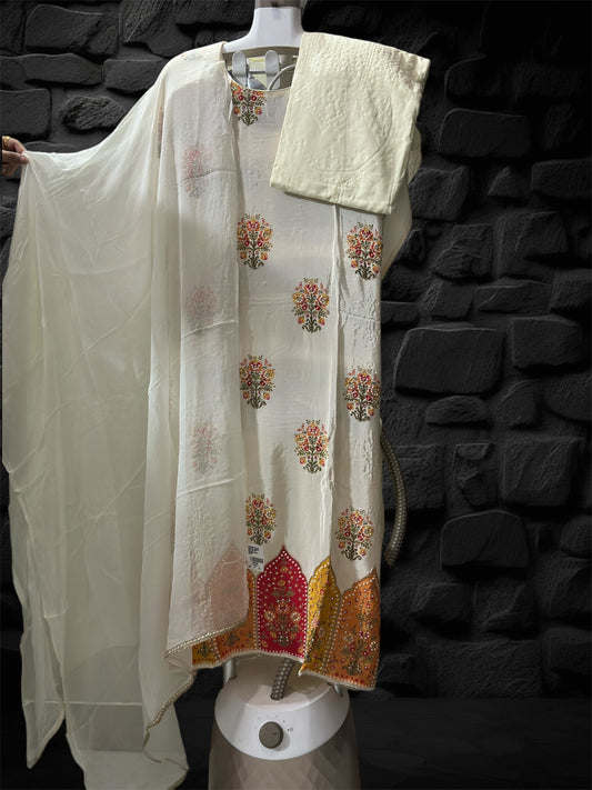 Unstitch AC3 handwork suit crepe fabric off white color