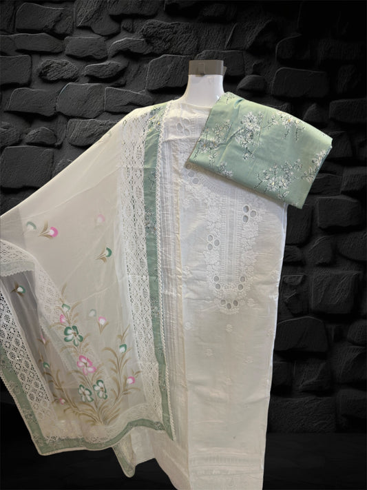 Unstitch AC1 Cotton Fabric With Thread Work white and green color