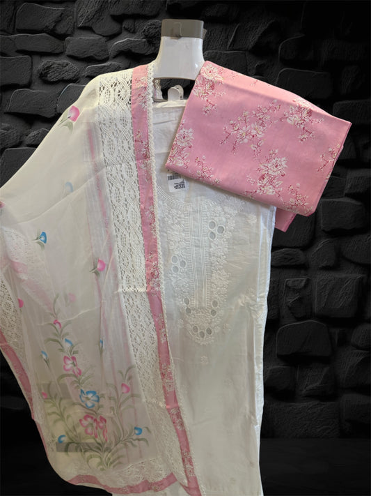 Unstitch AC2 cotton suit with thread work white and pink color