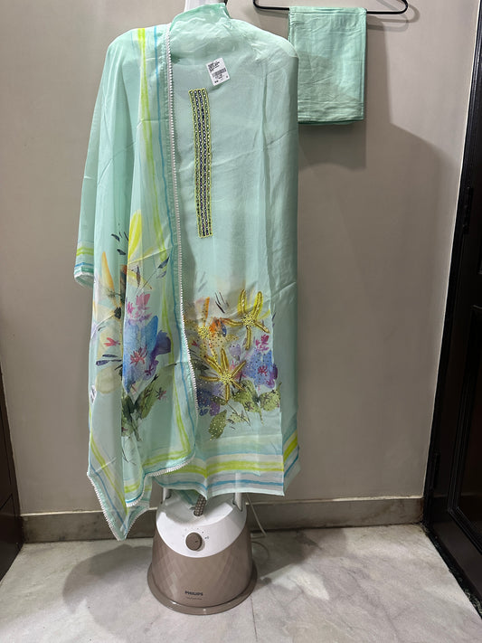 Unstitch AC14 floral printed suit with handwork sea green color